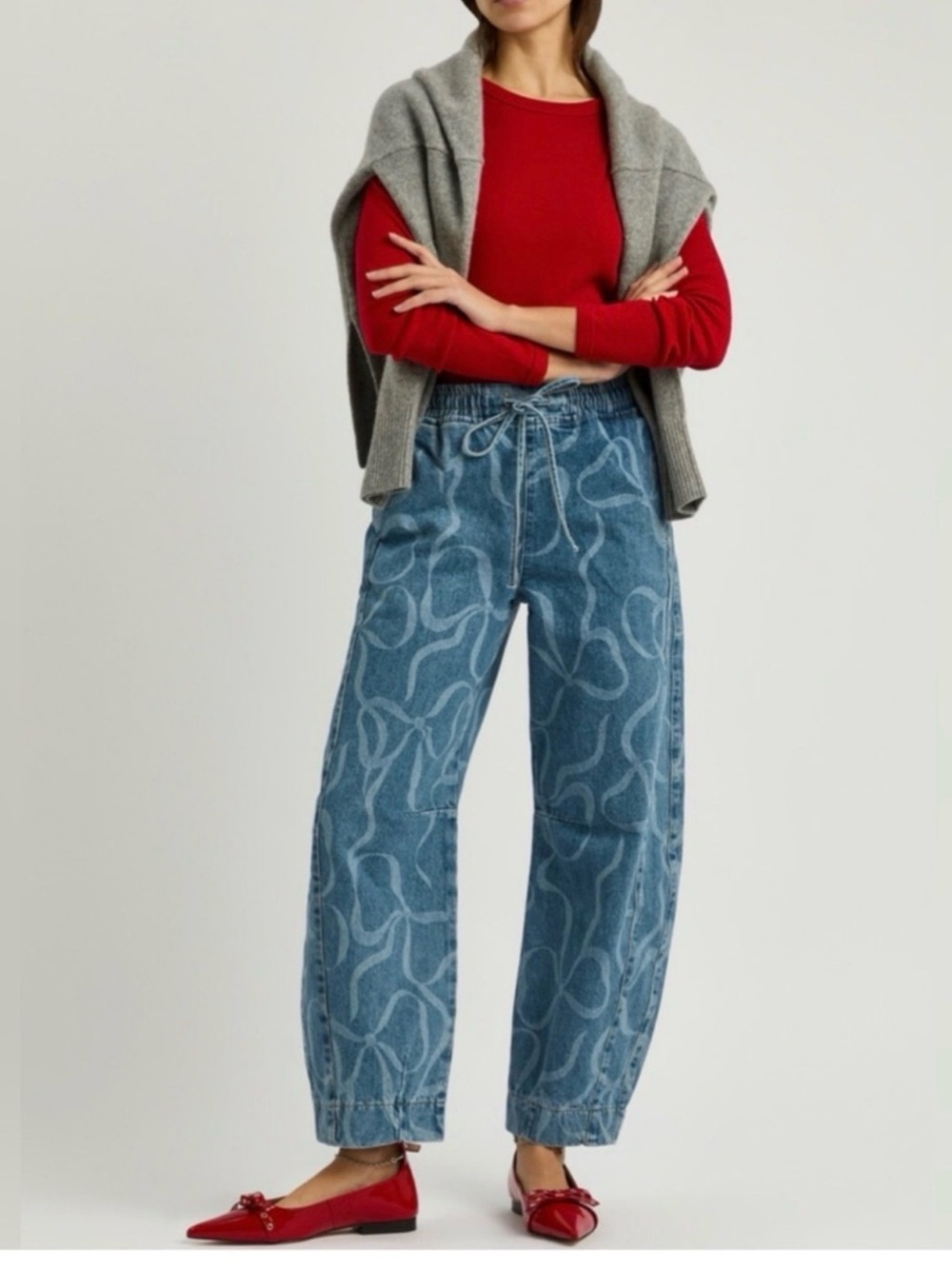 Damson Madder Light Blue Denim barrel jeans with bow print